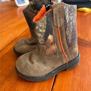 Brown and Orange Mid-Calf Boots with Zip Closure